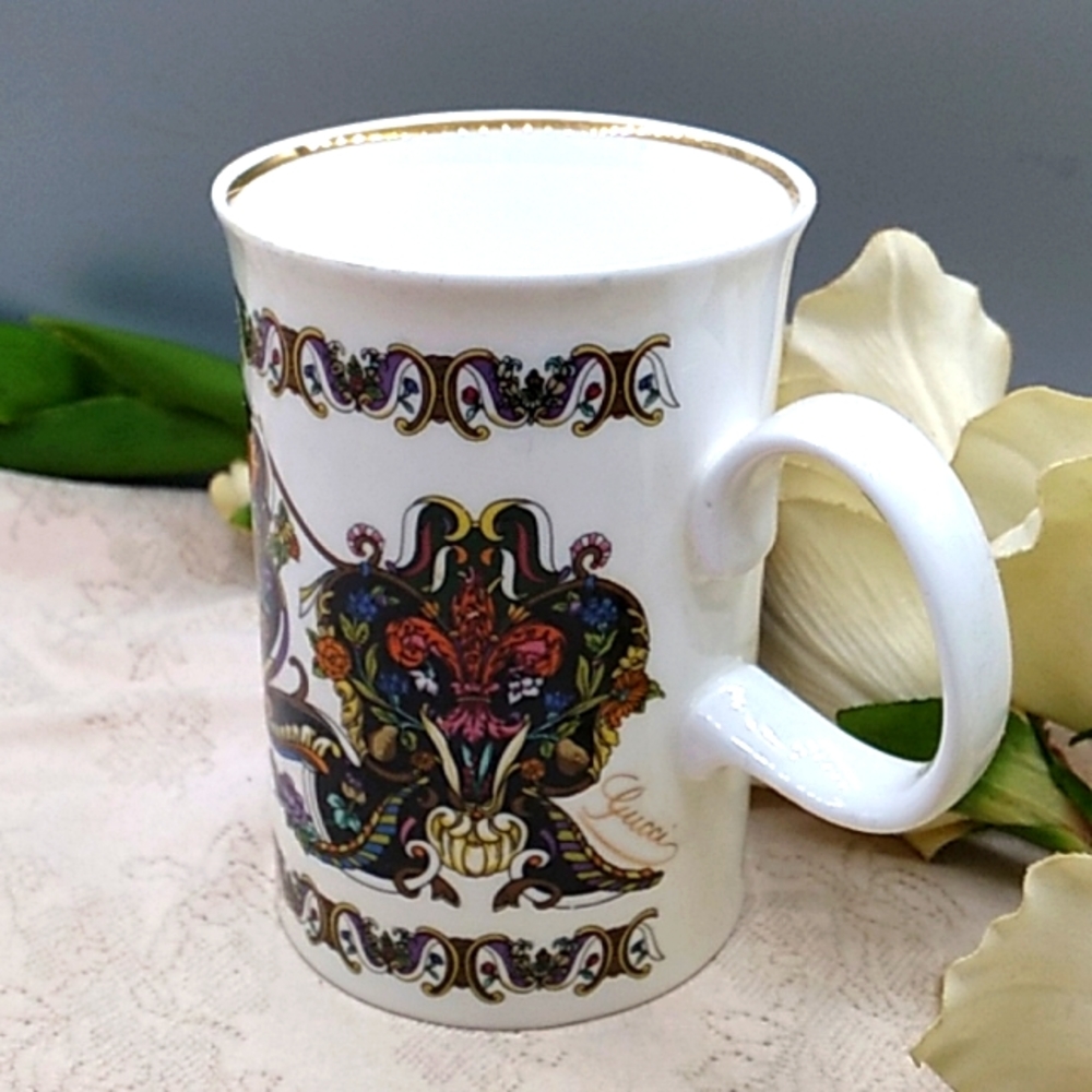 Vintage Gucci Floral Crest Bone China Tea/Coffee 24KT Gold Accent Mug